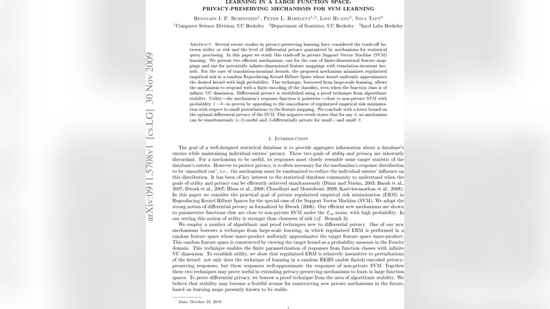 Learning in a Large Function Space: Privacy-Preserving Mechanisms for   SVM Learning