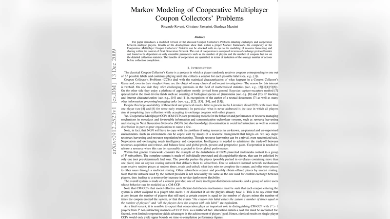 Markov Modeling of Cooperative Multiplayer Coupon Collectors Problems