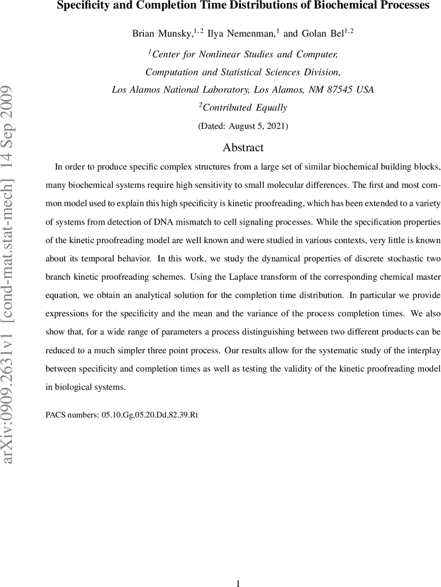 Specificity and Completion Time Distributions of Biochemical Processes