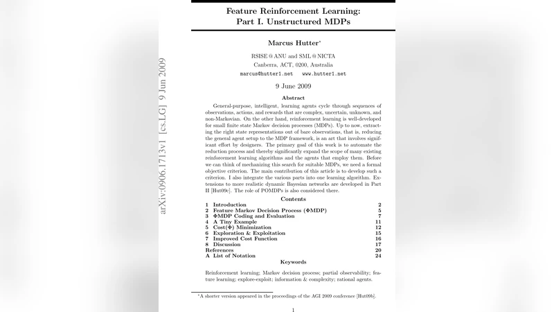 Feature Reinforcement Learning: Part I: Unstructured MDPs