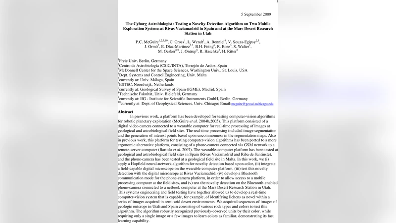 The Cyborg Astrobiologist: Testing a Novelty-Detection Algorithm on Two   Mobile Exploration Systems at Rivas Vaciamadrid in Spain and at the Mars   Desert Research Station in Utah