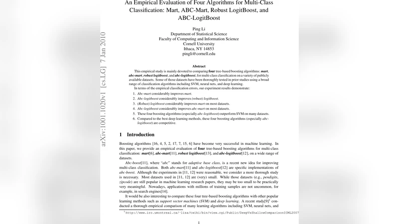 An Empirical Evaluation of Four Algorithms for Multi-Class   Classification: Mart, ABC-Mart, Robust LogitBoost, and ABC-LogitBoost