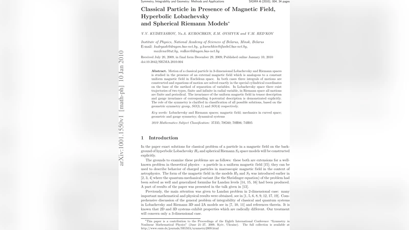 Classical Particle in Presence of Magnetic Field, Hyperbolic Lobachevsky   and Spherical Riemann Models