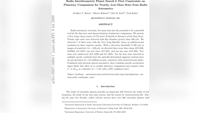 Radio Interferometric Planet Search I: First Constraints on Planetary   Companions for Nearby, Low-Mass Stars from Radio Astrometry