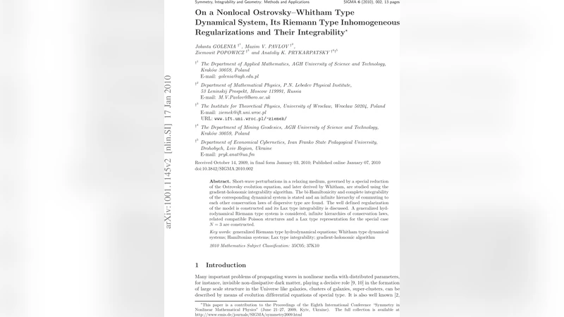On a Nonlocal Ostrovsky-Whitham Type Dynamical System, Its Riemann Type   Inhomogeneous Regularizations and Their Integrability