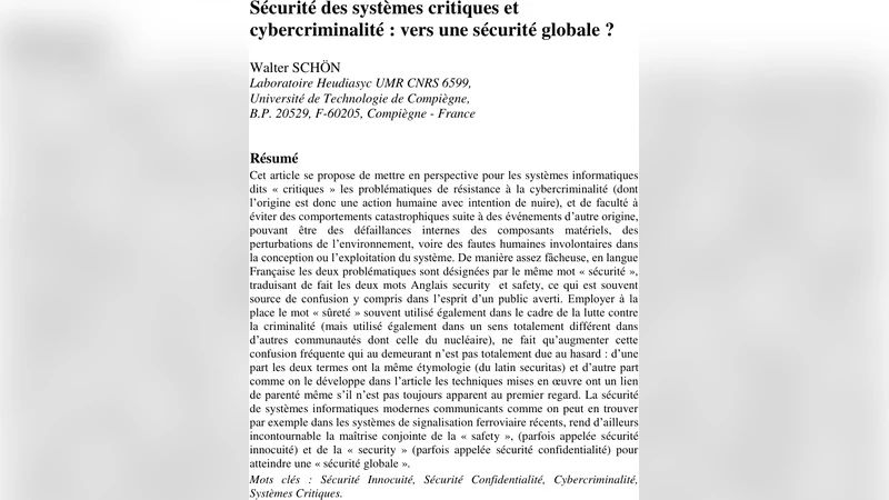 Securite des syst`emes critiques et cybercriminalite : vers une   securite globale ?