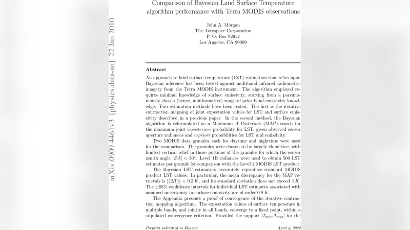 Comparison of Bayesian Land Surface Temperature algorithm performance   with Terra MODIS observations