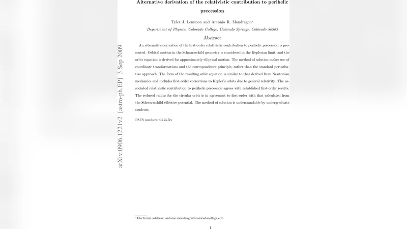 Alternative derivation of the relativistic contribution to perihelic   precession