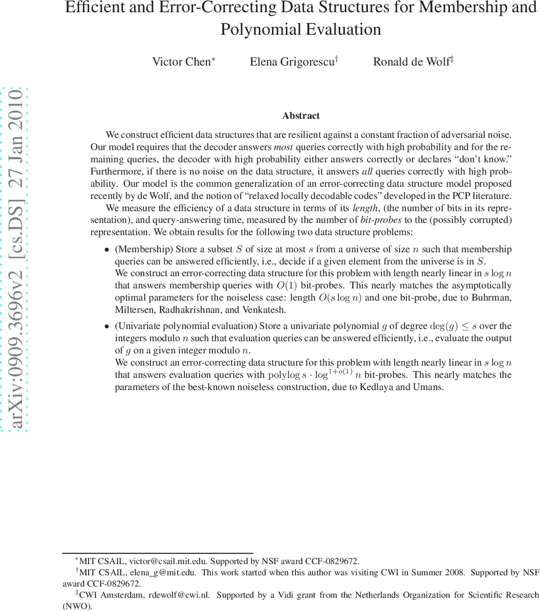 Efficient and Error-Correcting Data Structures for Membership and   Polynomial Evaluation