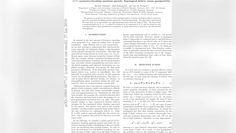 O(N) symmetry-breaking quantum quench: Topological defects versus   quasiparticles