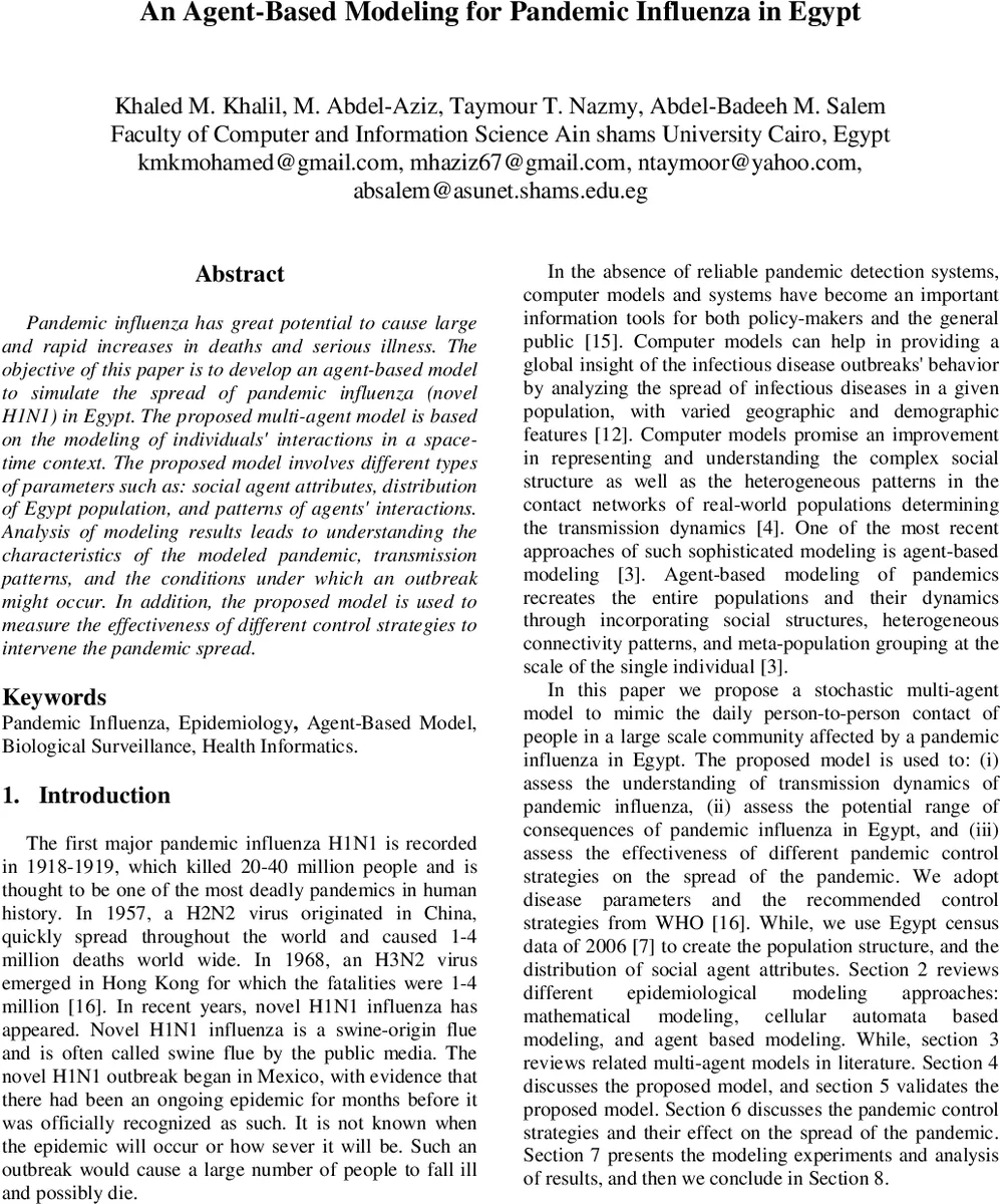 An Agent-Based Modeling for Pandemic Influenza in Egypt