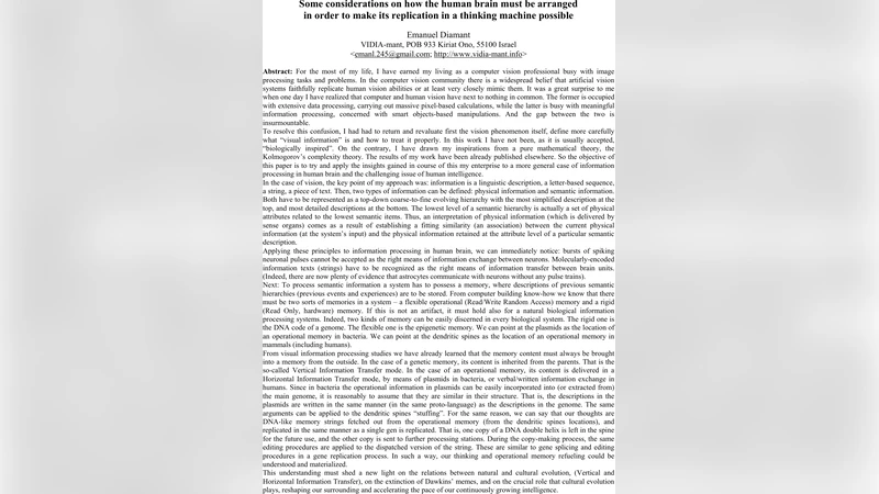 Some considerations on how the human brain must be arranged in order to   make its replication in a thinking machine possible