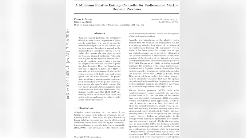 A Minimum Relative Entropy Controller for Undiscounted Markov Decision   Processes