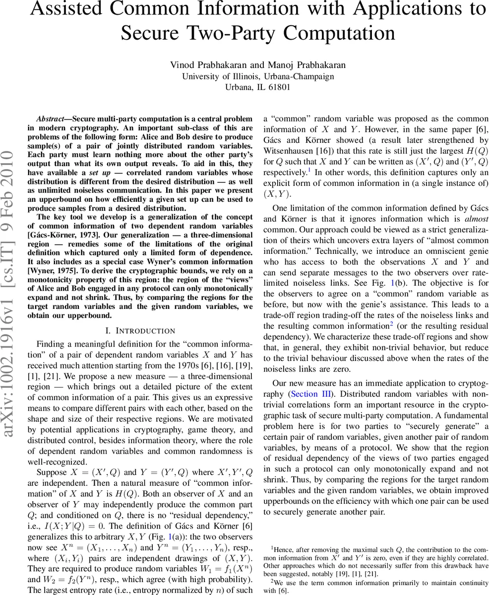 Assisted Common Information with Applications to Secure Two-Party   Computation