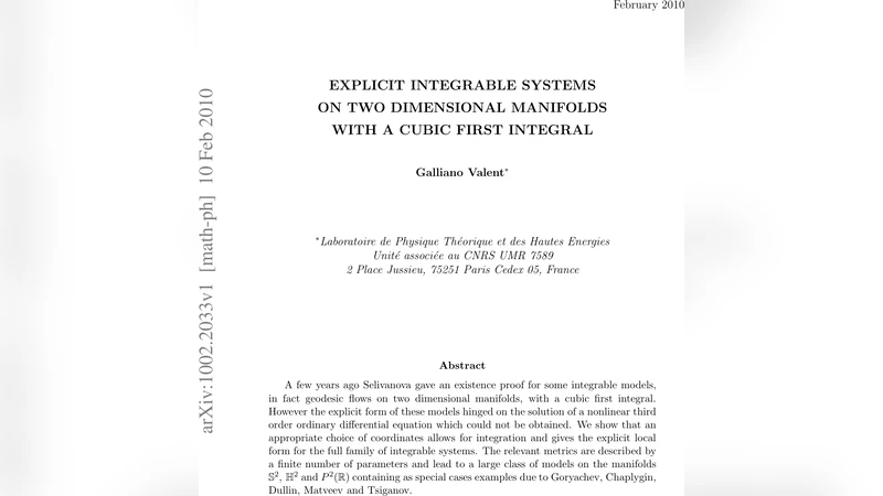 Explicit integrable systems on two dimensional manifolds with a cubic   first integral