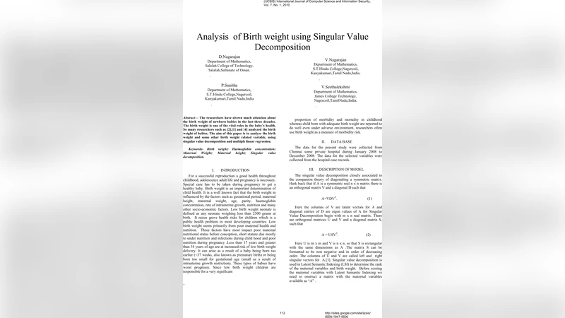 Analysis of Birth weight using Singular Value Decomposition