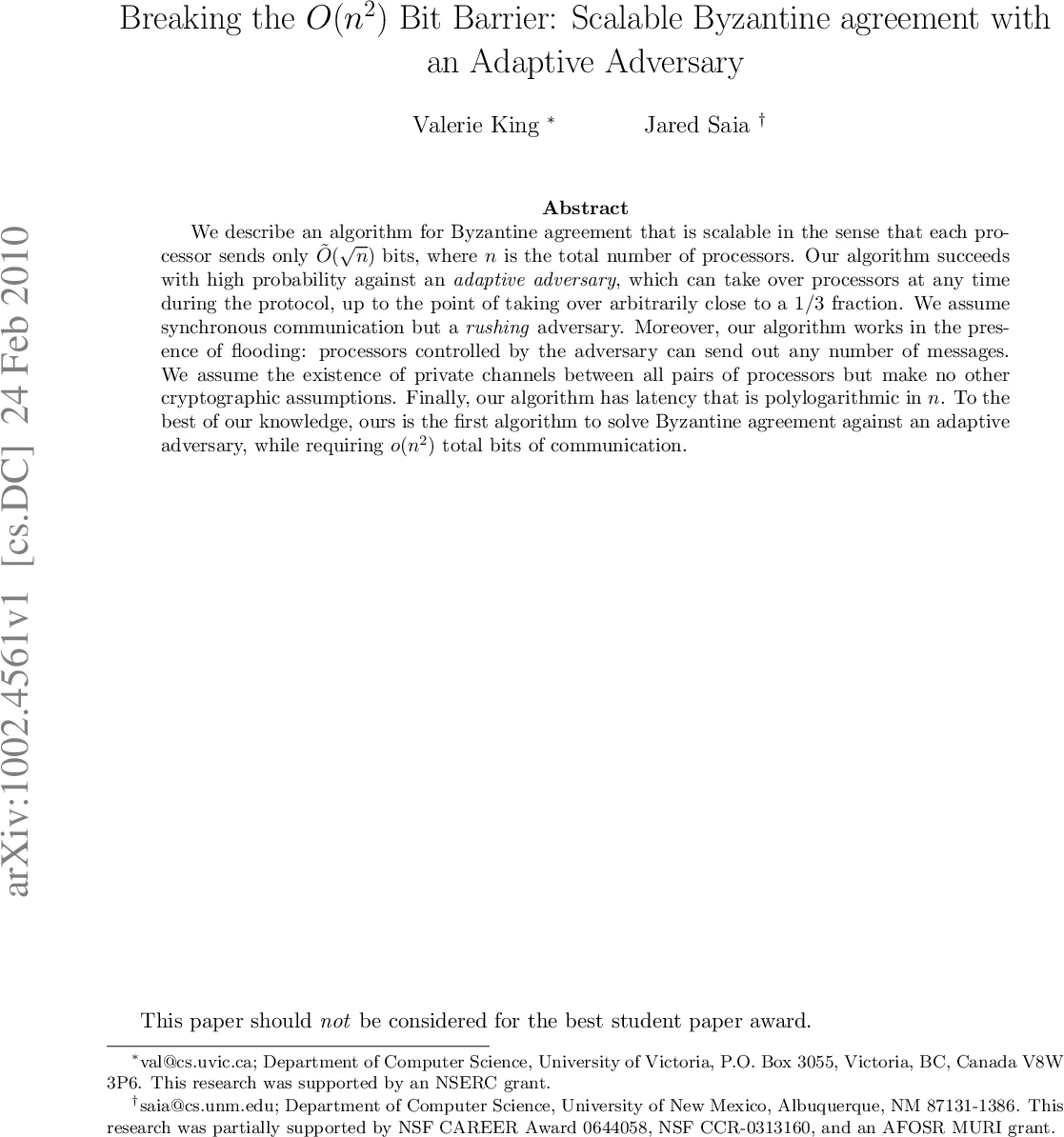 Breaking the O(n^2) Bit Barrier: Scalable Byzantine agreement with an   Adaptive Adversary