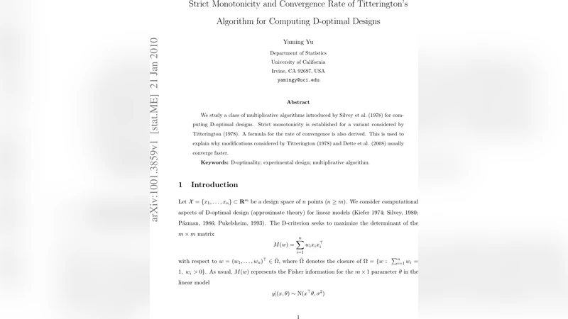 Strict Monotonicity and Convergence Rate of Titteringtons Algorithm for   Computing D-optimal Designs