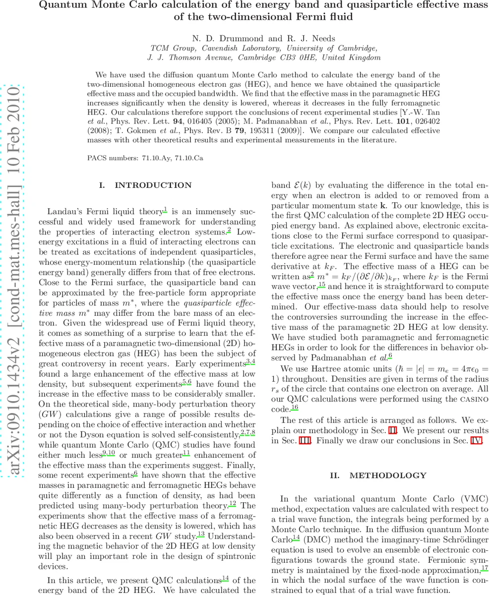 Quantum Monte Carlo calculation of the energy band and quasiparticle   effective mass of the two-dimensional Fermi fluid