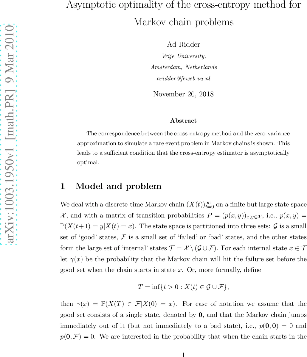 Asymptotic optimality of the cross-entropy method for Markov chain   problems