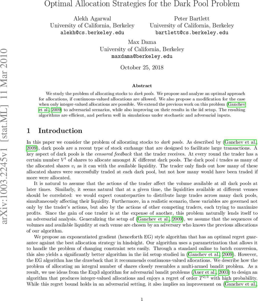 Optimal Allocation Strategies for the Dark Pool Problem