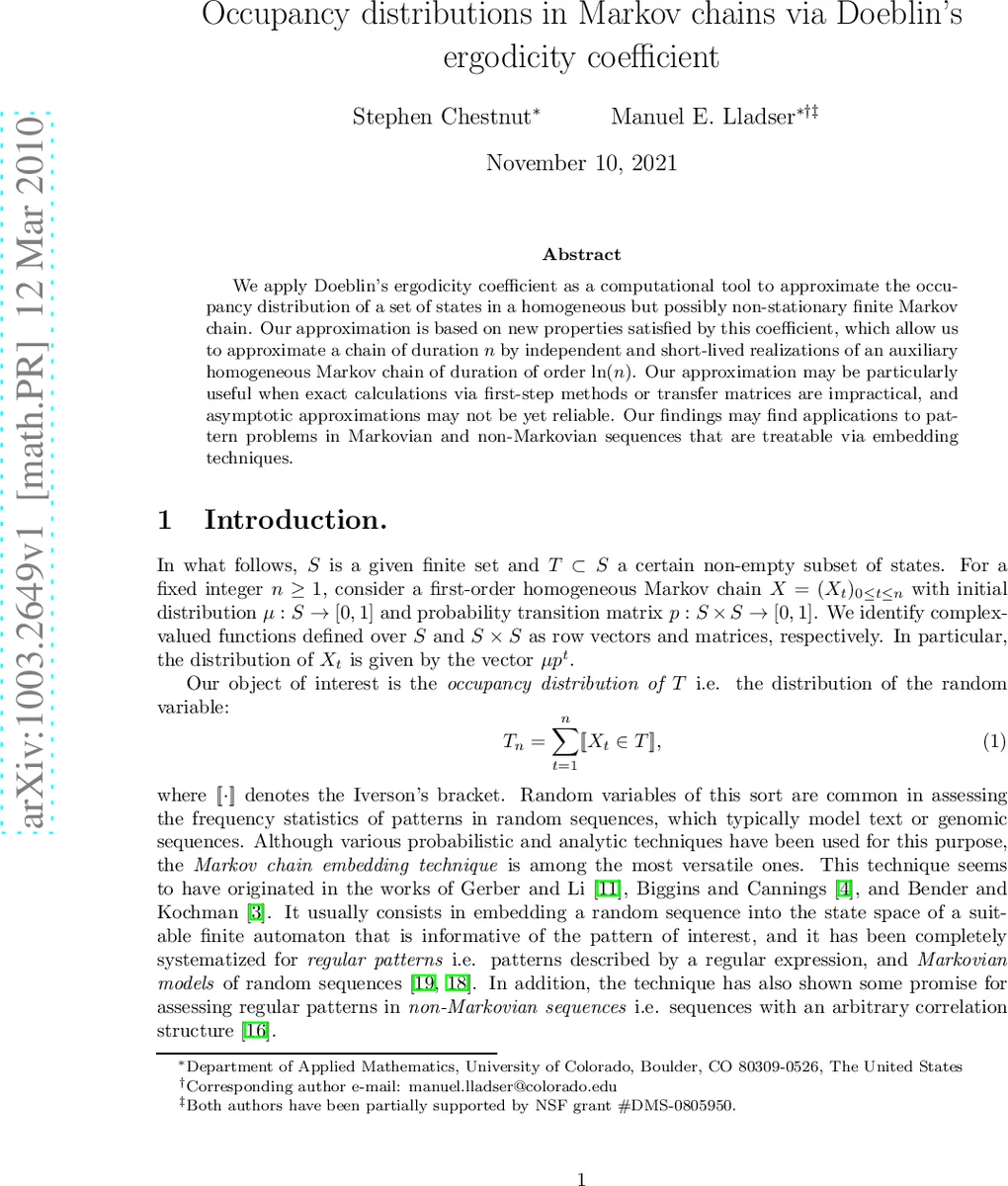 Occupancy distributions in Markov chains via Doeblins ergodicity   coefficient