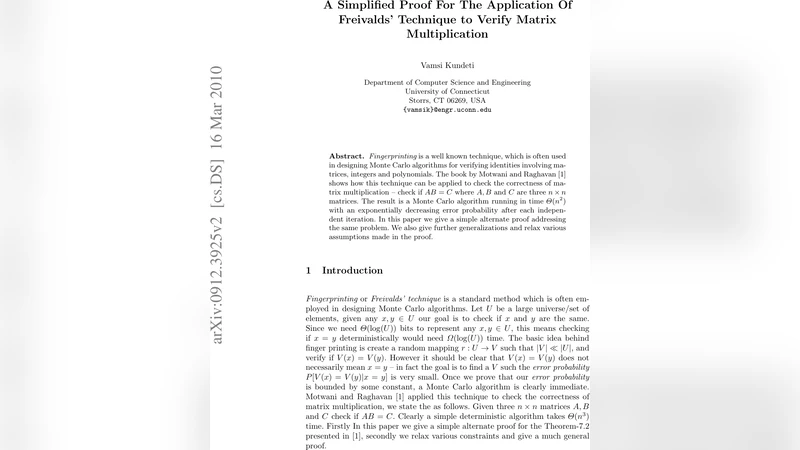 A Simplified Proof For The Application Of Freivalds Technique to Verify   Matrix Multiplication