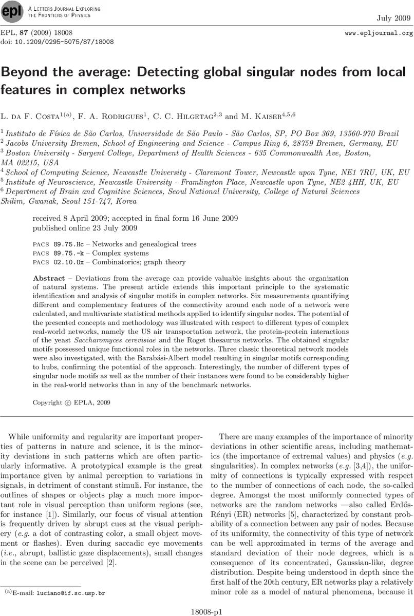 Beyond the average: Detecting global singular nodes from local features   in complex networks
