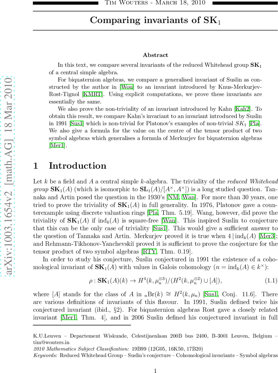 Comparing invariants of SK1