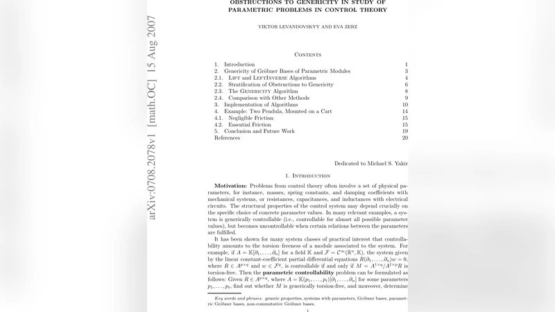 Obstructions to Genericity in Study of Parametric Problems in Control   Theory