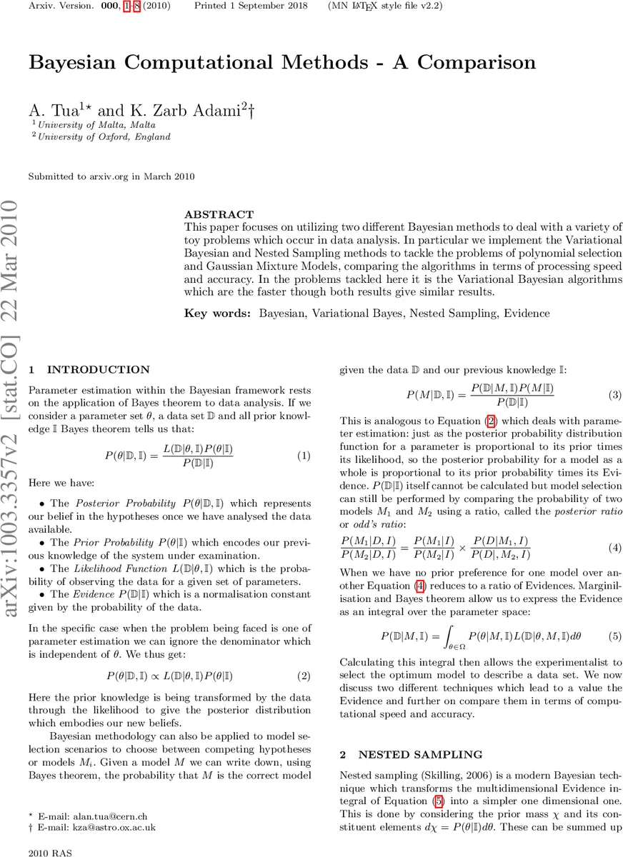 Computational Methods in Bayesian Statistics