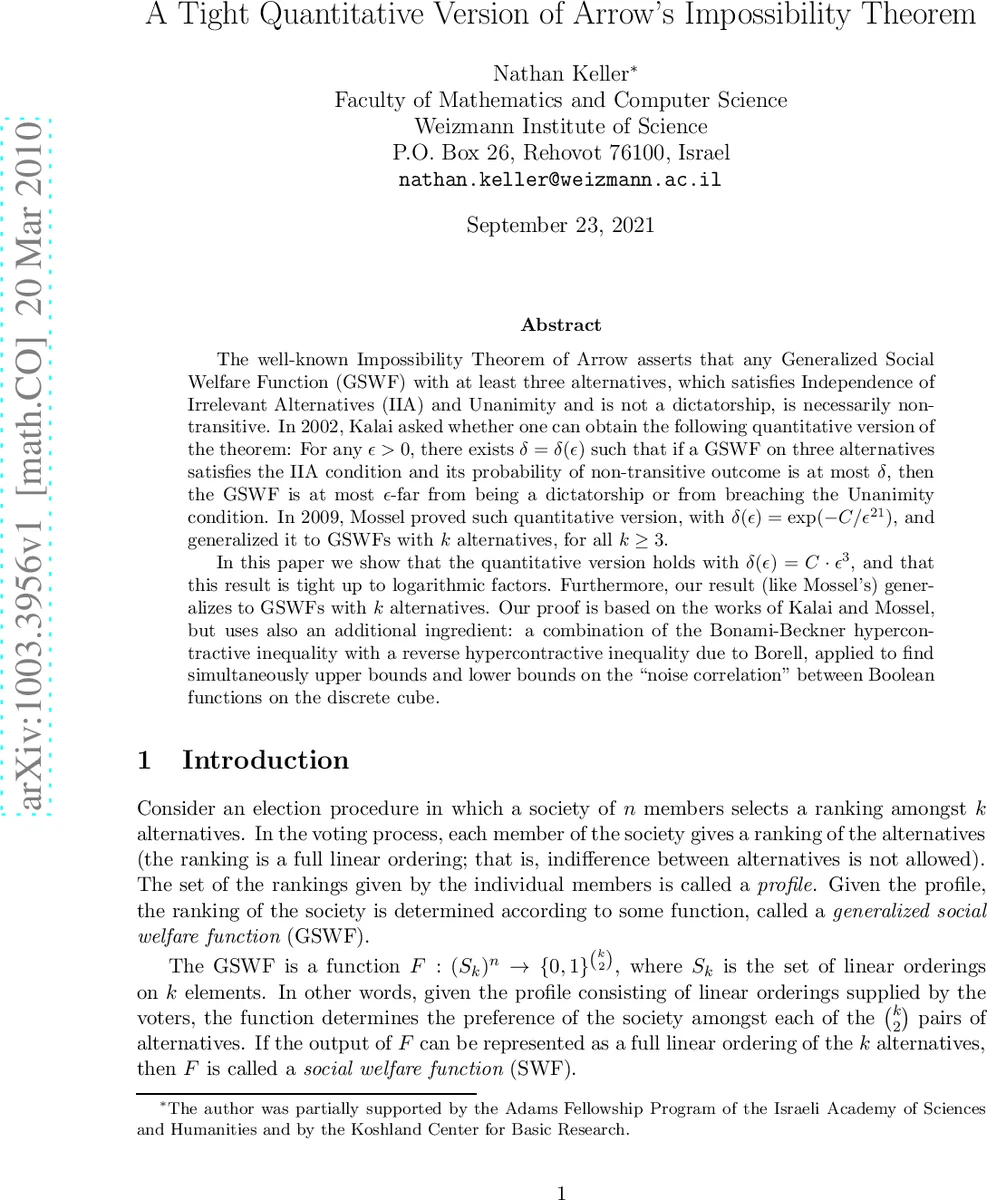 A tight quantitative version of Arrows impossibility theorem