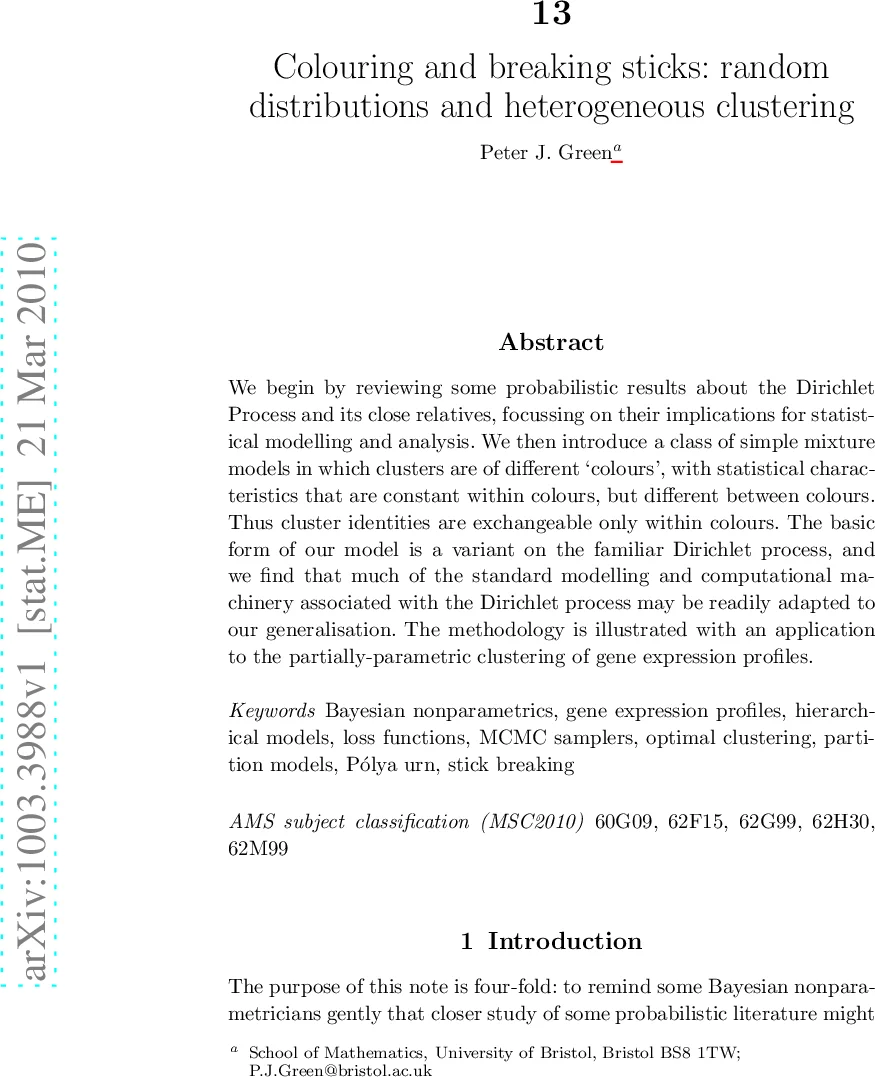 Colouring and breaking sticks: random distributions and heterogeneous   clustering