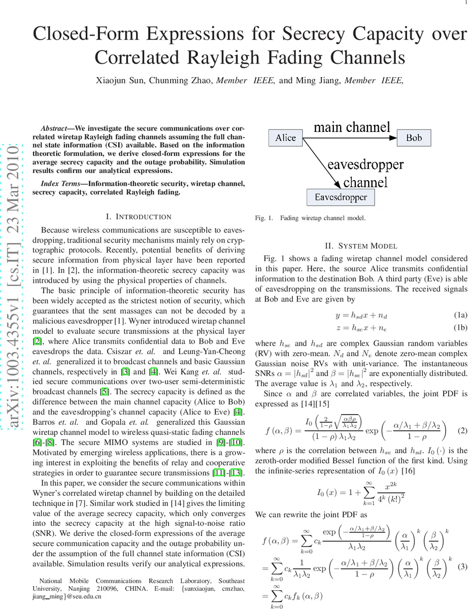 Closed-Form Expressions for Secrecy Capacity over Correlated Rayleigh   Fading Channels