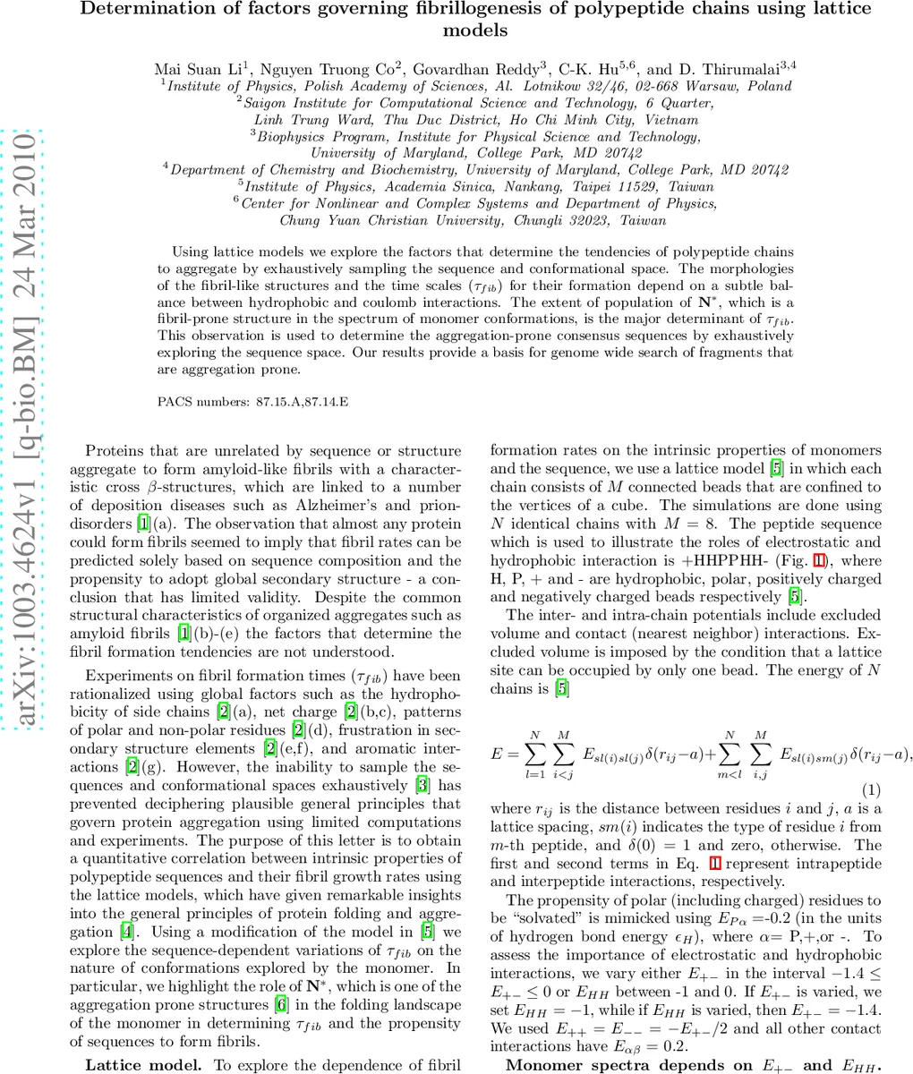 Determination of factors governing fibrillogenesis of polypeptide chains   using lattice models