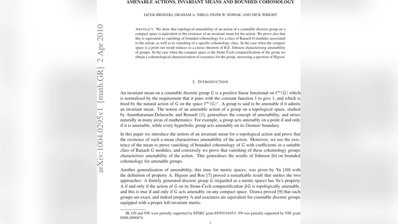 Amenable actions, invariant means and bounded cohomology