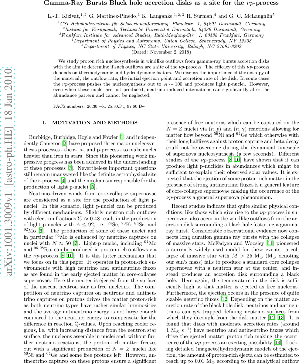 Gamma-Ray Bursts Black hole accretion disks as a site for the vp-process
