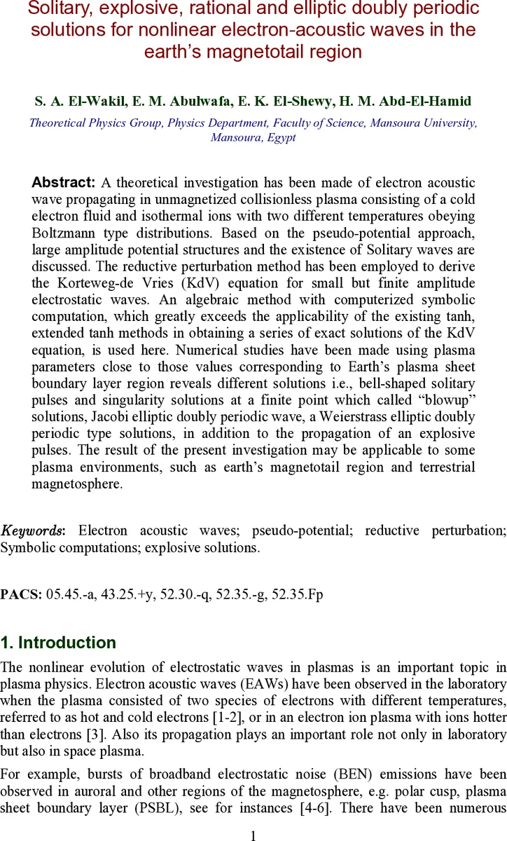 Solitary, explosive, rational and elliptic doubly periodic solutions for   nonlinear electron-acoustic waves in the earths magnetotail region