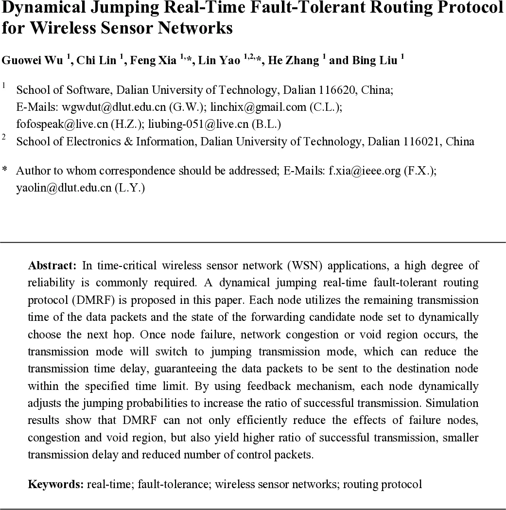 Dynamical Jumping Real-Time Fault-Tolerant Routing Protocol for Wireless   Sensor Networks
