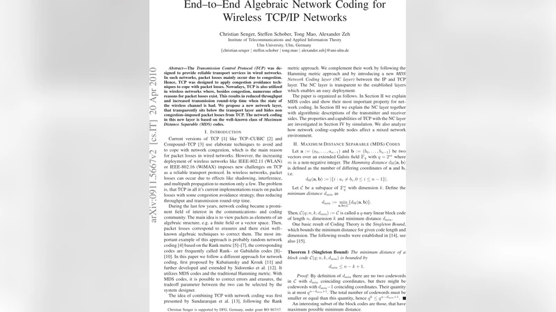 End-to-End Algebraic Network Coding for Wireless TCP/IP Networks