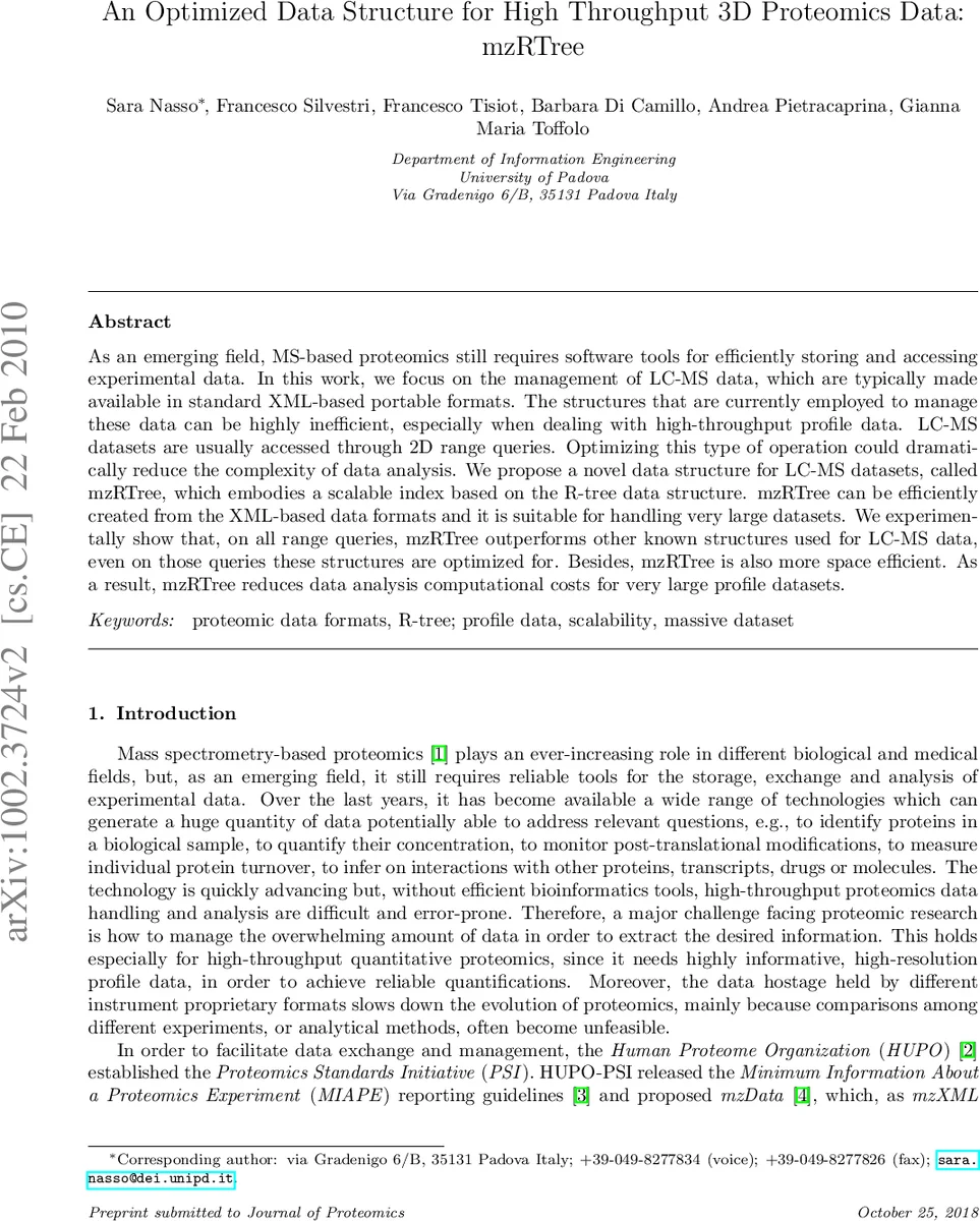 An Optimized Data Structure for High Throughput 3D Proteomics Data:   mzRTree