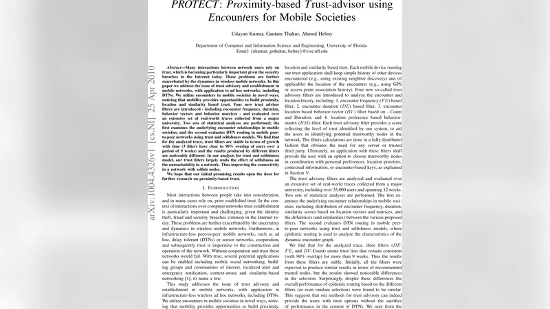 PROTECT: Proximity-based Trust-advisor using Encounters for Mobile   Societies