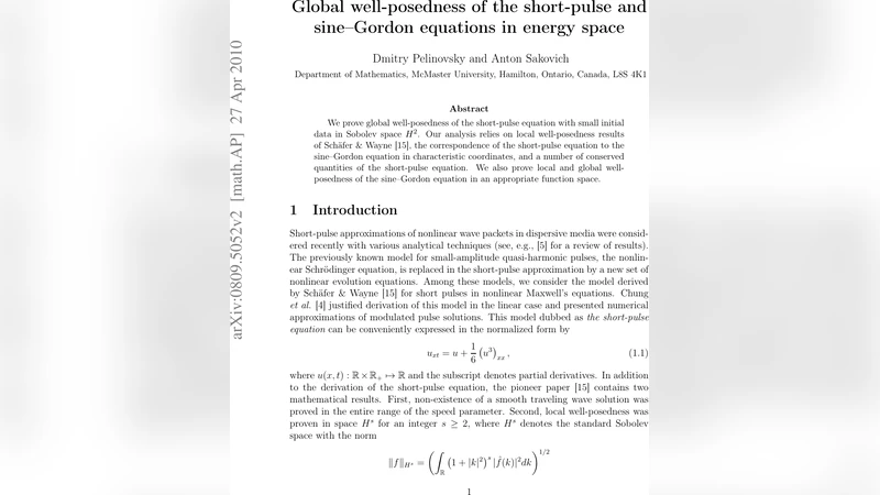 Global well-posedness of the short-pulse and sine-Gordon equations in   energy space