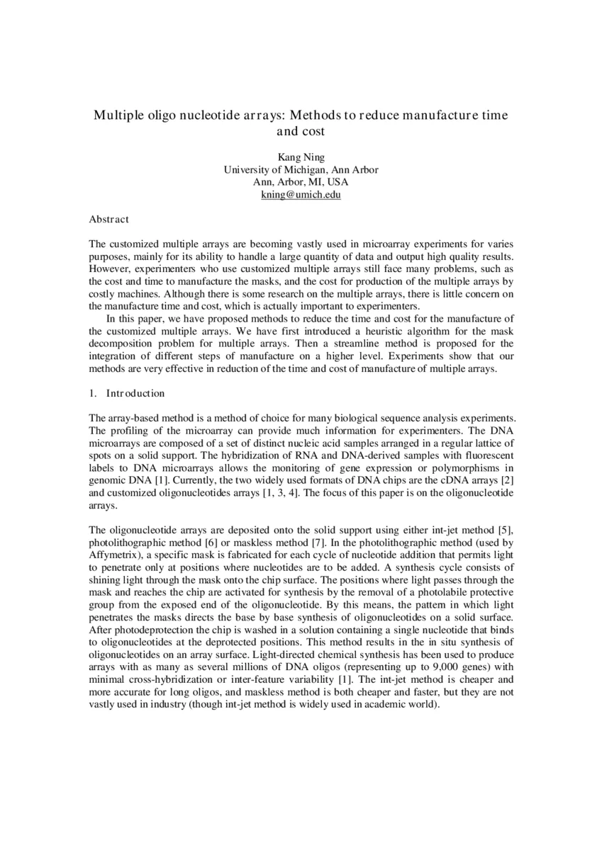 Multiple oligo nucleotide arrays: Methods to reduce manufacture time and   cost