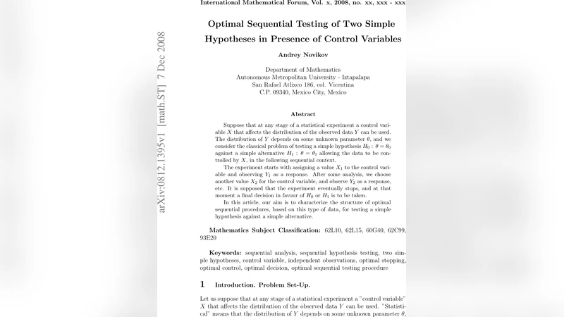 Optimal sequential testing of two simple hypotheses in presence of   control variables