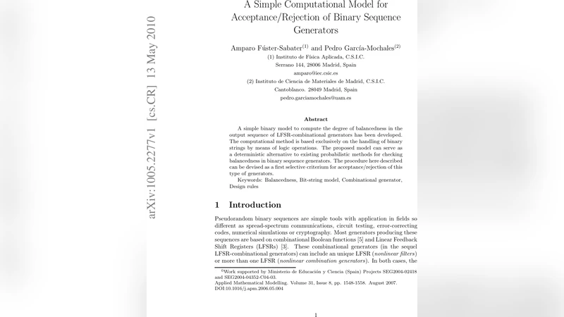 A Simple Computational Model for Acceptance/Rejection of Binary Sequence   Generators