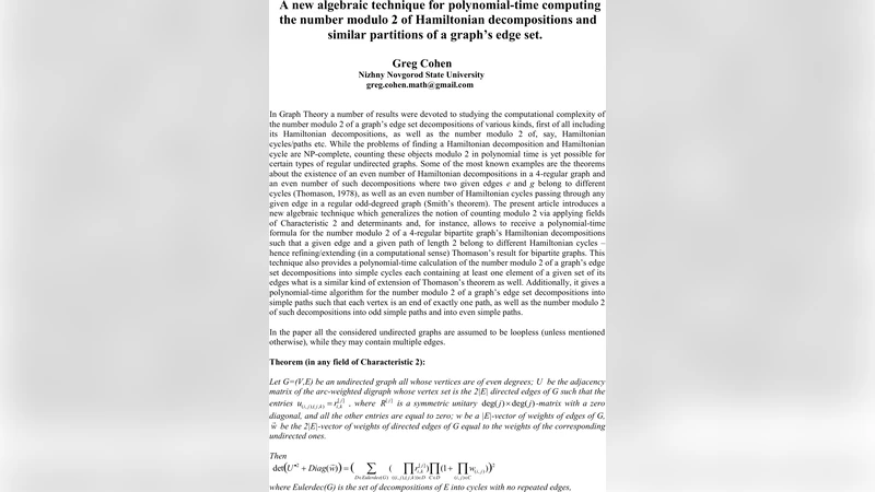 A new algebraic technique for polynomial-time computing the number   modulo 2 of Hamiltonian decompositions and similar partitions of a graphs   edge set