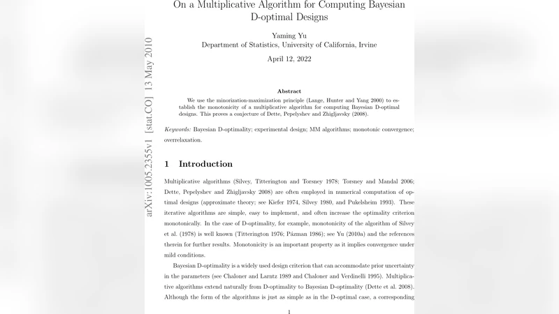 On a Multiplicative Algorithm for Computing Bayesian D-optimal Designs