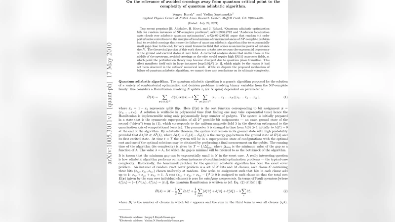 On the relevance of avoided crossings away from quantum critical point   to the complexity of quantum adiabatic algorithm