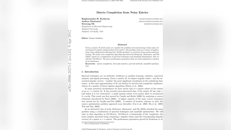 Matrix Completion from Noisy Entries